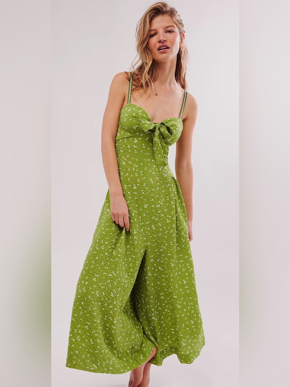 Free People Coming Home Green Floral Tie-Front Jumpsuit- Size Large